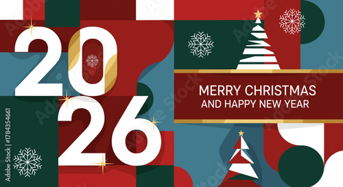 Modern geometric Merry Christmas and Happy New Year greeting card design featuring the year 2026 in bold white numerals with golden accents, complemented by stylized Christmas trees, snowflakes, and