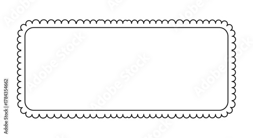 Simple rectangular shape with decorative scalloped edges, a basic geometric form with frilly borders, perfect for use as a textbox, tag, or label template, isolated on a clean white background for