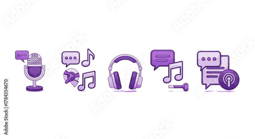 Vibrant 3D Podcast Icon Collection: Microphone, Headphones, Music Notes, and Chat Bubbles Vector Cartoon Illustration on White Background, Set of Audio and Communication Symbols, Modern Digital Media