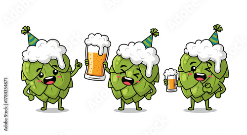Three cheerful cartoon hops characters wearing party hats and holding glasses of beer, celebrating with frothy mugs and joyful expressions, perfect for beverage advertising, brewery branding, or