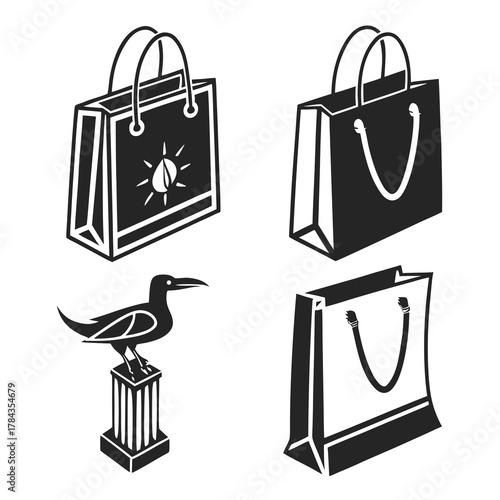 Four black silhouette icons shopping bags and bird on pedestal