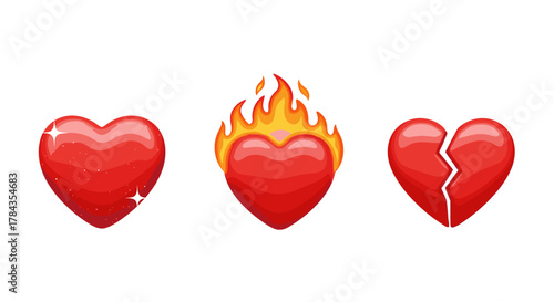 Three distinct red heart emojis presented in a clean, vector cartoon illustration on a white background: a sparkling, shimmering heart symbolizing love and affection, a heart engulfed in vibrant