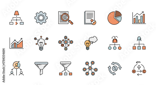 Set of flat design line icons representing business processes, algorithms, schemes, and infographics, perfect for presentations, articles, books, flyers, and banners, with editable strokes and a