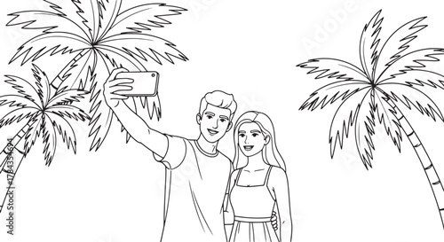 Couple takes a selfie under tropical palm trees
