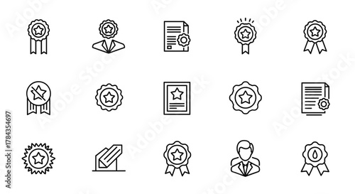 Achievement Icon Set: A Vector Graphic Illustration Featuring Ordered Line Icons on a White Background, Showcasing Awards, Certificates, and Recognition Symbols for Business and Success Concepts