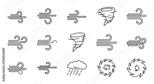 Set of stylized line art icons representing various wind conditions and weather phenomena, including gentle breezes, strong gusts, storms, tornadoes, and hurricanes, perfect for meteorological