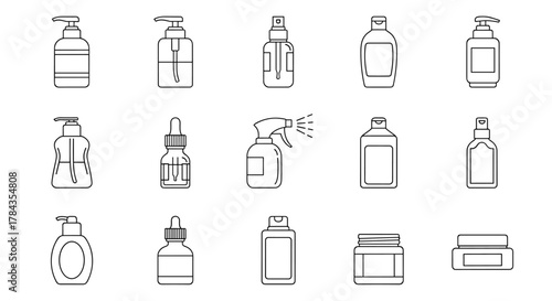 Collection of minimalistic outline icons representing various cosmetic and personal care bottles, including pump dispensers, spray bottles, dropper bottles, and jars, perfect for web design, graphic