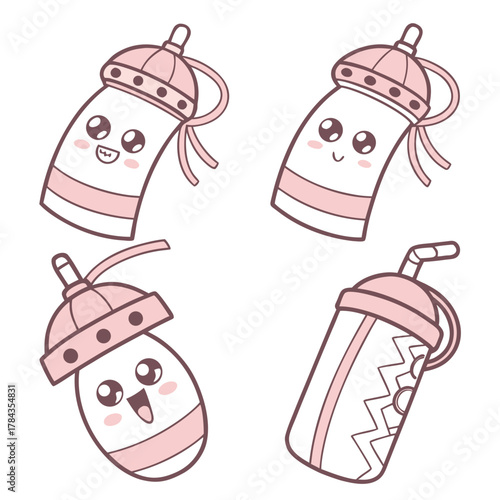 Four cute cartoon water bottles with faces kawaii drink