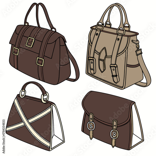 Four brown and tan leather school bags vector icons