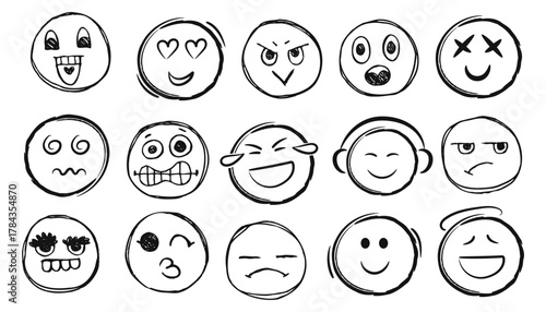 Set of happy face hand drawn style. Sketch smiley, sad, angry face doodle icon. Emoji emoticon for social media. Cartoon people faces on isolated background.