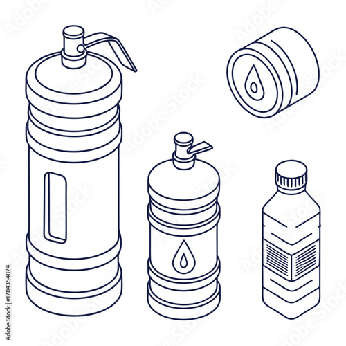 Four dark blue outline water containers on white background