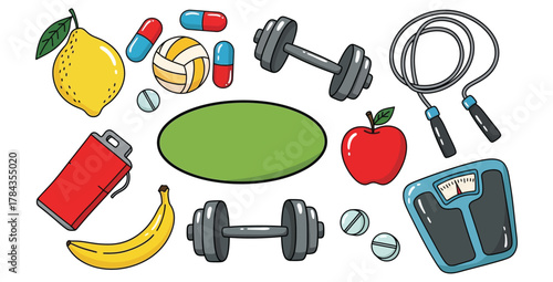 Healthy lifestyle concept with fruits weights skipping rope and scale on a white background