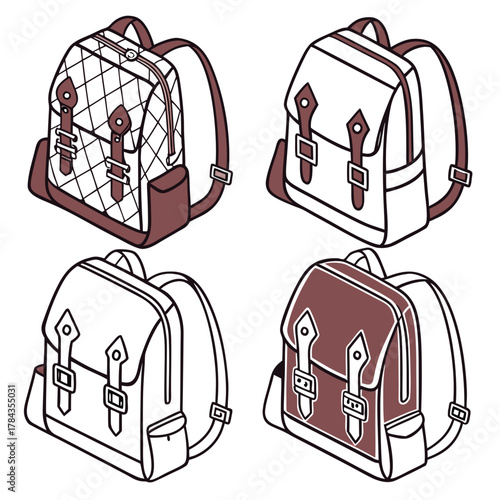 Four isometric school bags in brown and white backpack
