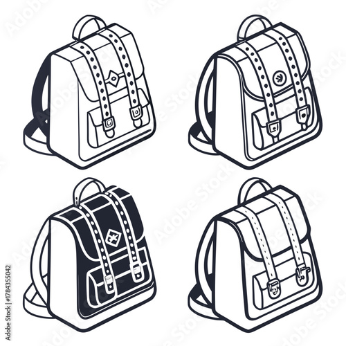 Four isometric school bags in outline and filled styles