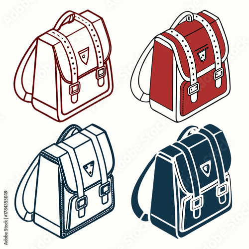Four isometric school bags in red blue and outline