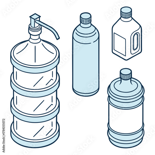 Four isometric water bottles and dispenser gallon jug