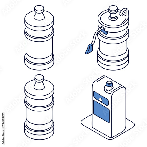 Four isometric water containers in outline style water bottle