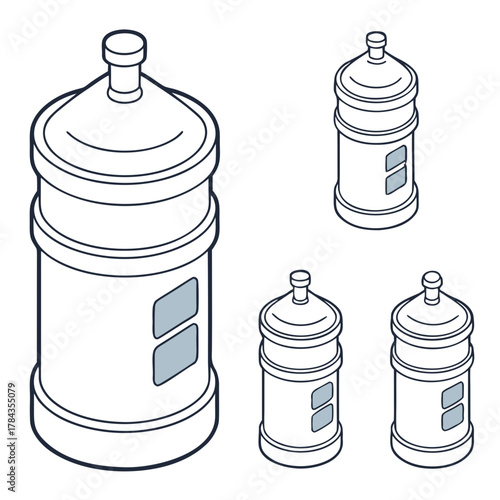 Four isometric water cooler bottles with blue accents
