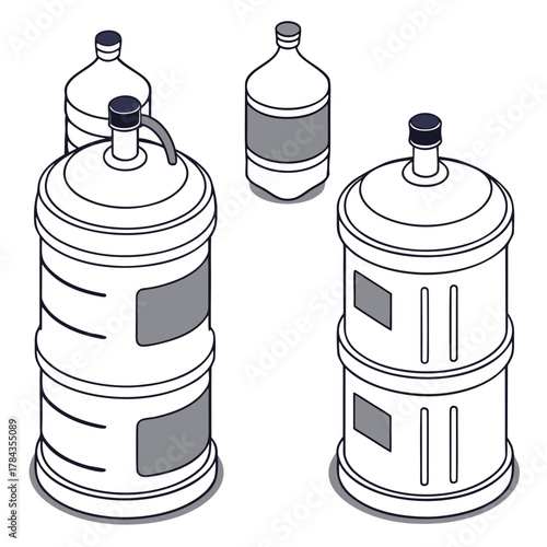Four isometric water cooler bottles with dark caps