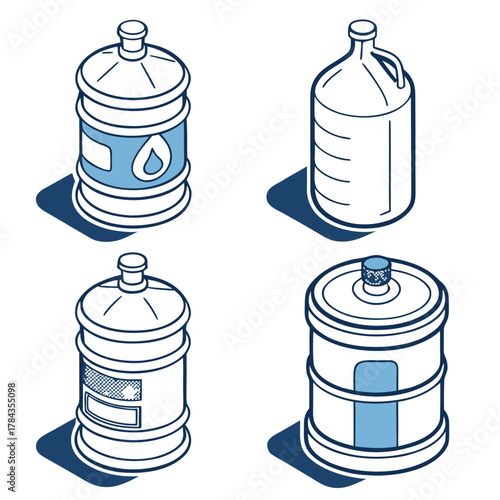 Four isometric water jug icons in blue and white water bottle