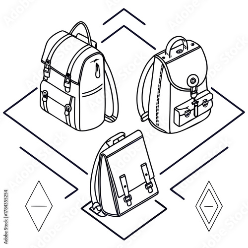 Three black outline school bags on isometric planes