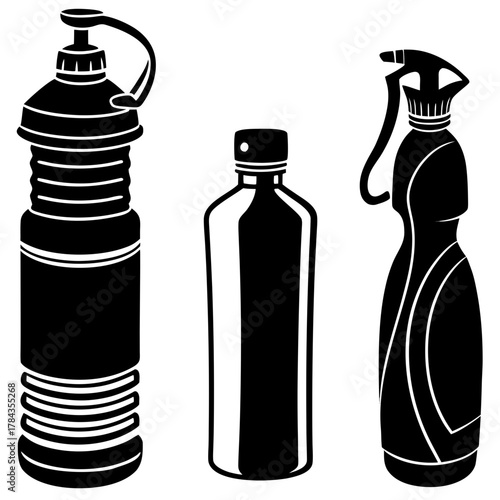 Three black silhouette icons of different water bottles