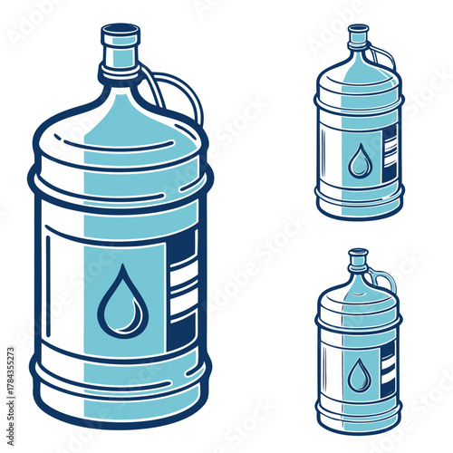 Three blue water cooler bottles with water drop icon