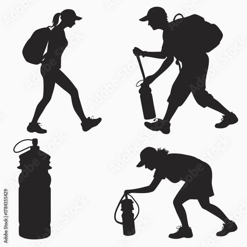 Four black silhouette icons of hikers with water bottles