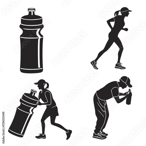 Four black silhouette icons of water bottles and people