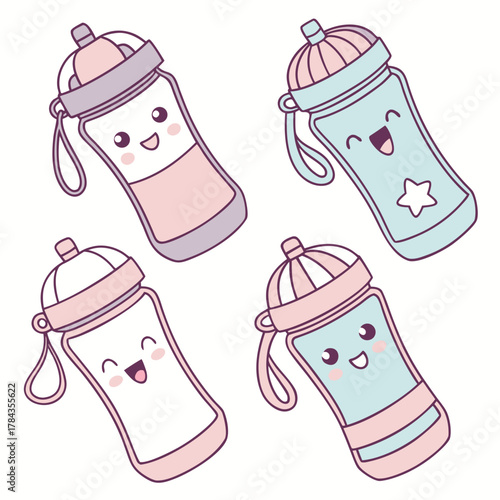 Four cute cartoon water bottles with happy faces icon