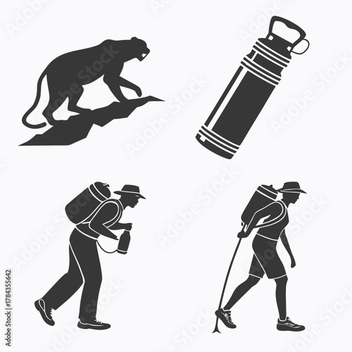 Four dark grey silhouette icons of hikers and a water bottle