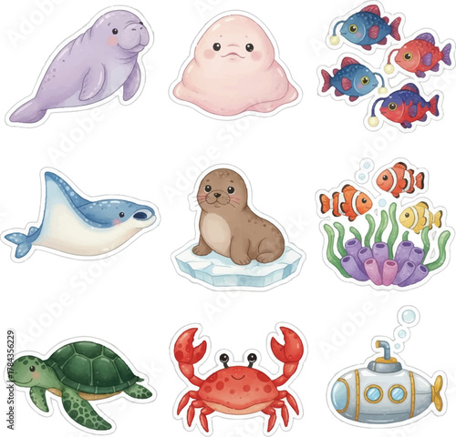 Adorable Watercolor Sea Animals and Ocean Life Stickers