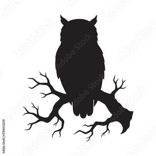Owl Sitting on Tree Branch Silhouette for Night Wildlife and Nature Illustration