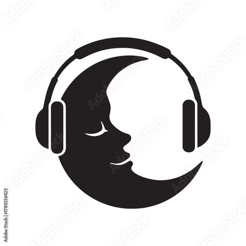 Sleeping Moon with Headphones Silhouette Representing Relaxing Music and Night Calm Concept