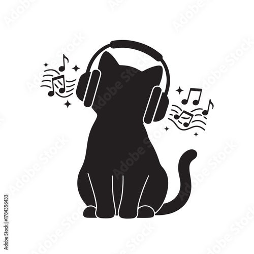 Cat Listening to Music with Headphones Silhouette Fun Pet and Entertainment Design