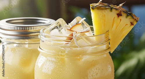 Icy Pineapple and Coconut Cocktail in a Mason Jar.