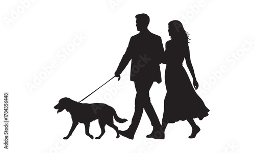 Romantic Couple Walking Dog Silhouette Symbolizing Love, Outdoor Activity, and Pet Companionship