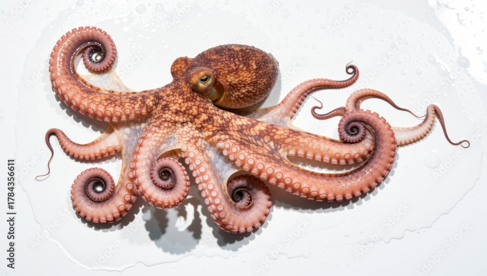 Obraz premium A fresh octopus with curled tentacles lies on a white surface, ready for culinary preparation