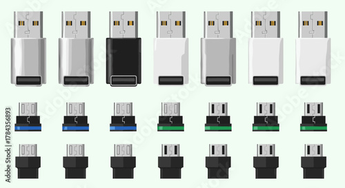 Set of USB and Micro USB plug designs in flat style, showcasing various adapters and connectors in silver, black, and white, with blue and green accents, perfect for technology and connectivity