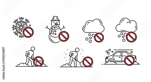 Collection of linear vector signs prohibiting winter weather elements and activities, including a snowflake, snowman, snow falling from clouds, hail, shoveling snow, and a car stuck in snow, all on a