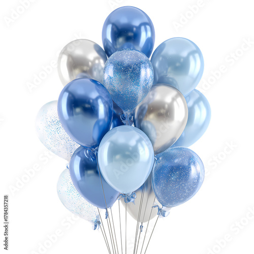 A cluster of iridescent metallic balloons Blue and silver isolated on transparent background