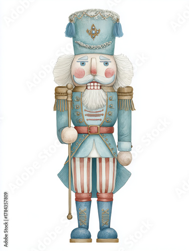 Illustration of a blue nutcracker with a staff and striped pants.