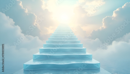 Shimmering ice staircase leading to sky surrounded by clouds symbolizing stairway to heaven.
