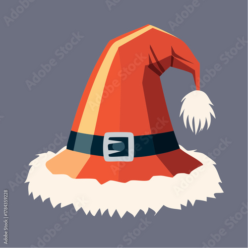 A modern, graphic illustration of a red Santa Claus hat with a fuzzy white trim and pom-pom. This festive accessory is a classic symbol of the winter holidays and Christmas celebrations