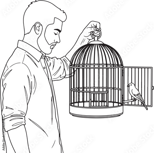 Man opens birdcage releasing a small bird to freedom