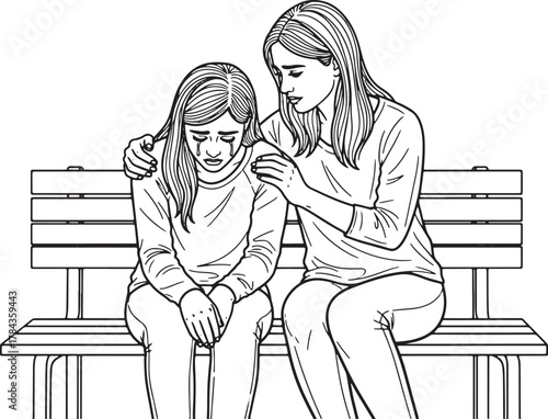 Woman comforts sad child sitting on a park bench