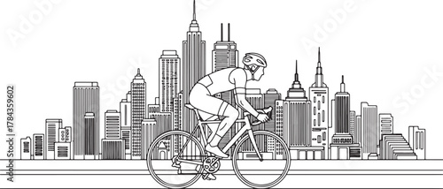 Cyclist rides through a stylized cityscape in a minimalist line drawing