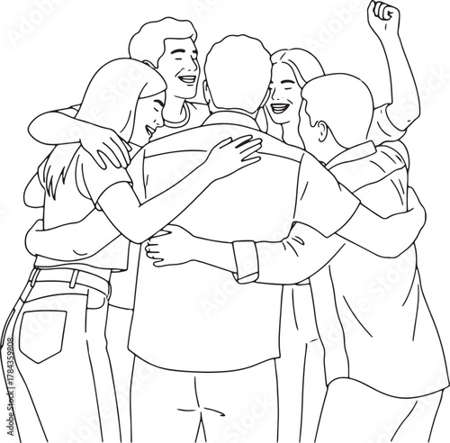 Sketch of a group of people embracing in a tight hug