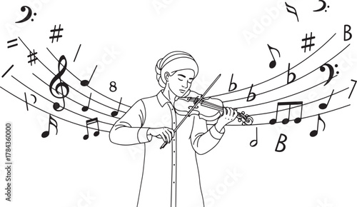 Musician playing violin surrounded by flowing musical notes