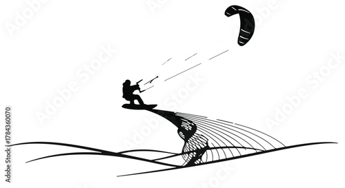 Silhouette of a kitesurfer riding a wave, captured in a dynamic monochrome illustration.